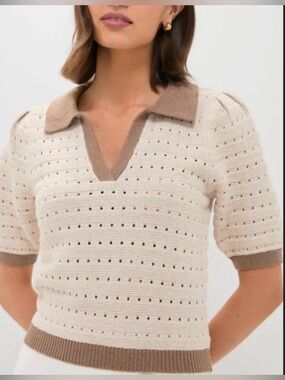 NWT Hyacinth House Cream & Tan Collared Short Sleeve Phil Sweater - M price firm